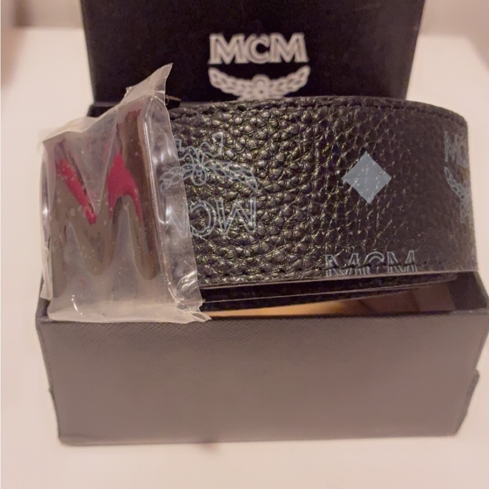 MCM Black Textured Leather Belt with Signature Monogram